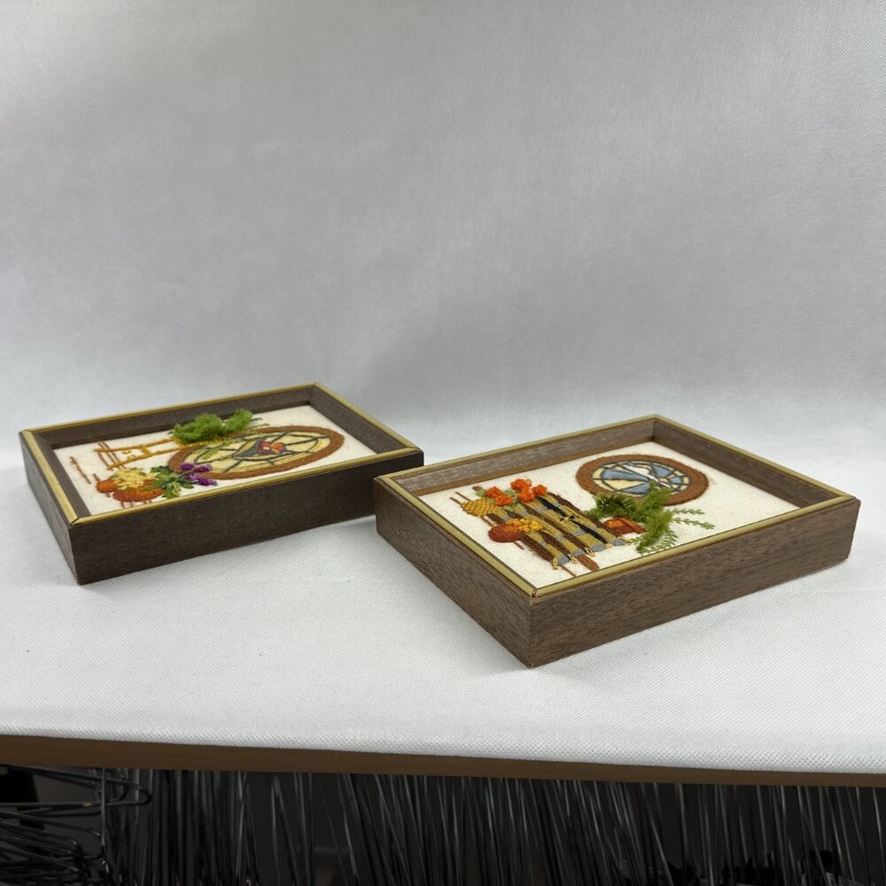 Vintage Framed Sunset Crewel Needlepoint Wall Decor.  Set of 2. - Picture 3 of 8